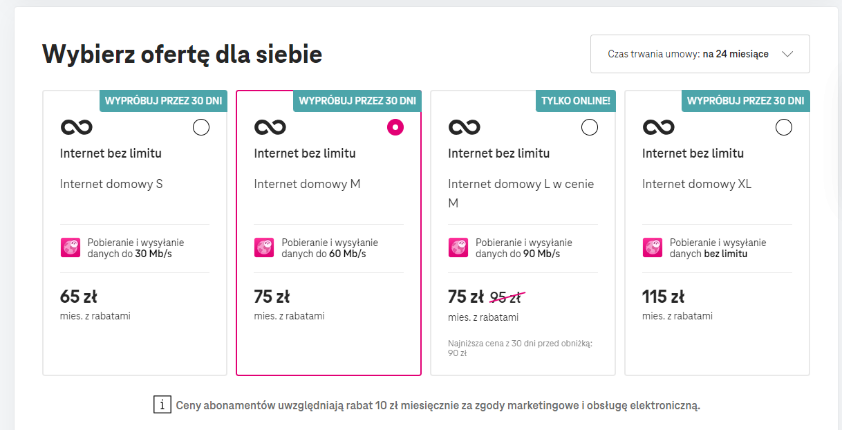 Cztery różne oferty internetu domowego z opcją "WYPRÓBUJ PRZEZ 30 DNI", w cenie od 65 do 115 złotych miesięcznie, różniące się prędkością pobierania i wysyłania danych w T-Mobile.