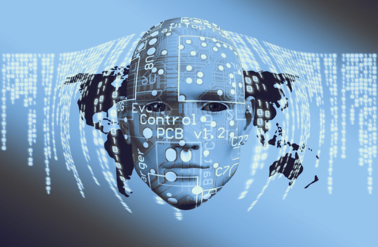 Ludzka twarz z elektronicznymi obwodami na tle mapy świata utworzonej z cyfr binarnych, symbolizująca technologię, jaką jest sztuczna inteligencja