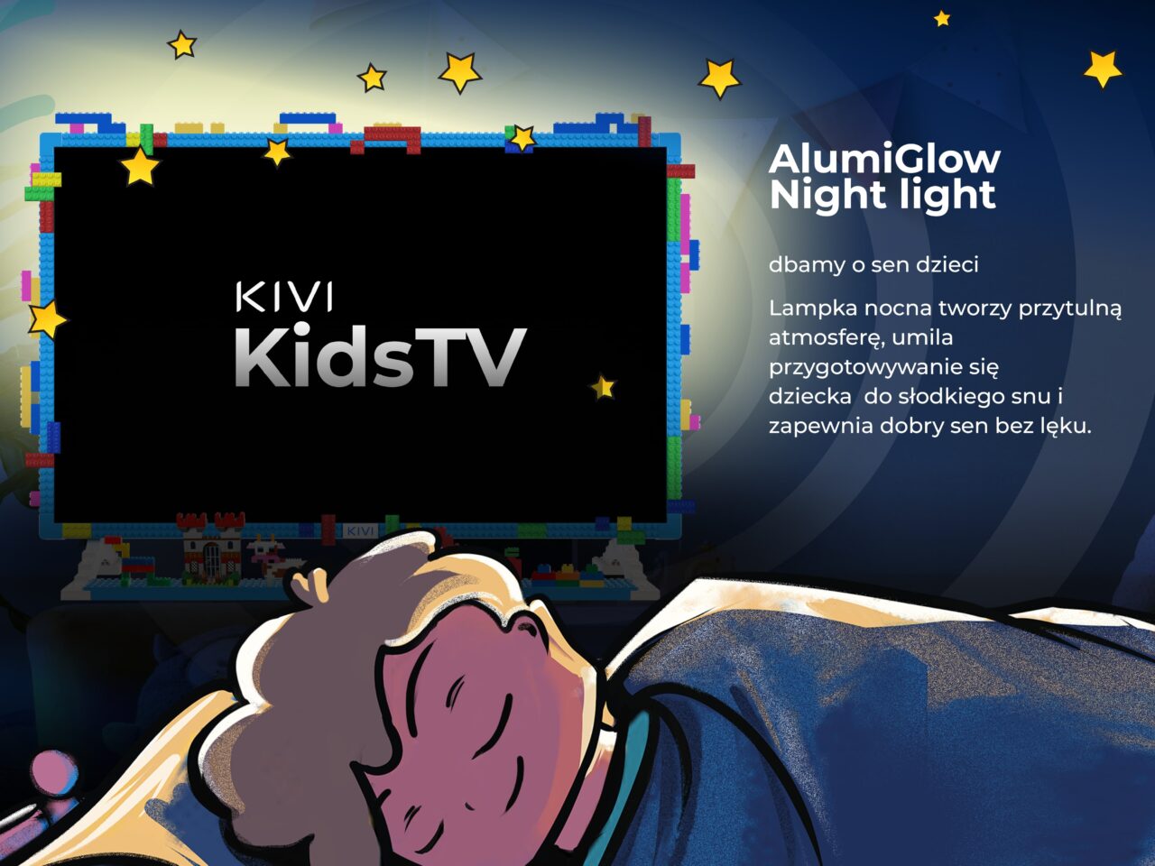 Tekst graficzny "KIVI KidsTV" na tle telewizora z kolorowymi klockami wokół, obok grafika śpiącego dziecka i tekst reklamujący "AlumiGlow Night light" twierdzący, że zapewnia on dobre przygotowanie do snu i bezpieczny sen dla dzieci.