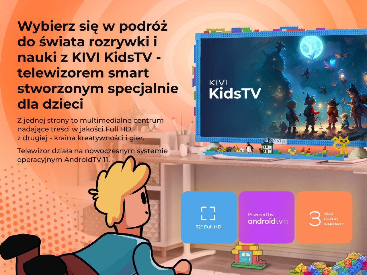 Reklama telewizora KIVI KidsTV dla dzieci, z grafiką przedstawiającą kolorową scenę z bajki na ekranie, otoczoną zabawkami na półce w pokoju dziecięcym.