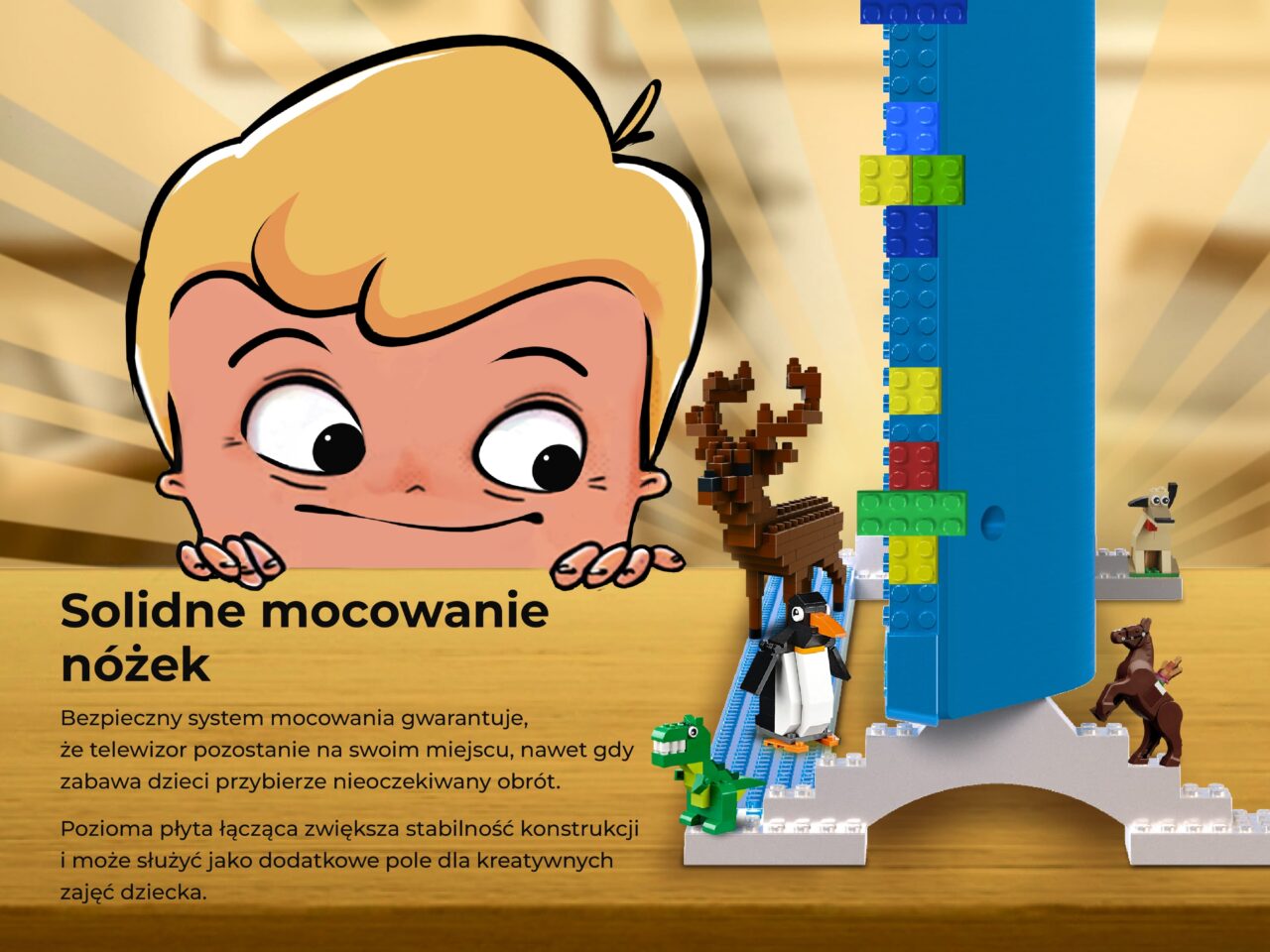 Grafika reklamowa przedstawiająca kolorowy mebel dla dzieci w kształcie postaci z bajki, obok którego znajdują się zabawki i figurki z klocków przypominające zwierzęta; w tle pojawia się tekst promujący solidne mocowanie nóżek mebla.