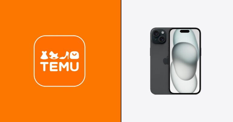 Dwa obiekty umieszczone na podzielonym tle, z lewej strony pomarańczowe tło z białym logiem aplikacji Temu, a z prawej strony zdjęcie czarnego smartfona z aparatami i przednim ekranem na białym tle.