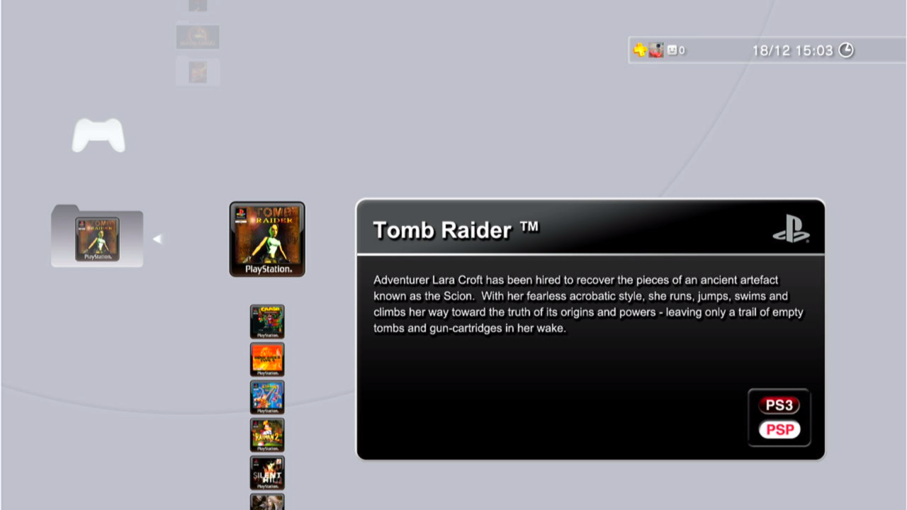 Interfejs użytkownika konsoli do gier z zaznaczoną ikoną gry "Tomb Raider" i oknem opisu gry na ekranie.