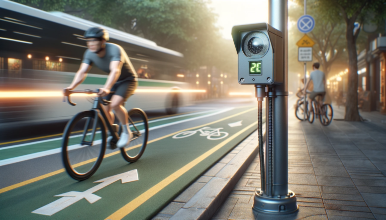 Rowerzysta jedzie pasem rowerowym obok fotoradaru pokazującego prędkość 20 km/h, w tle zamazany samochód i inny cyklista, przy zachodzącym słońcu i ulicznym oświetleniu.
