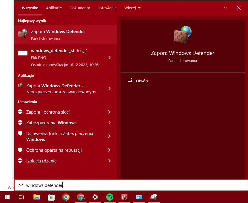 Zrzut ekranu interfejsu systemu Windows z otwartym panelem sterowania Zapory Windows Defender.