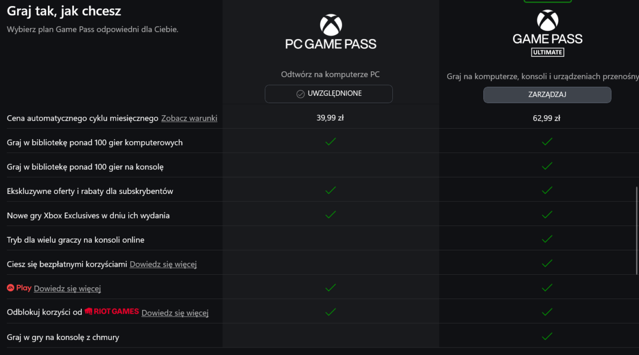 Zrzut ekranu porównujący plany subskrypcji PC Game Pass i Game Pass Ultimate z cenami i listą korzyści, takich jak dostęp do biblioteki gier, oferty ekskluzywne i dodatkowe opcje, na ciemnym tle.