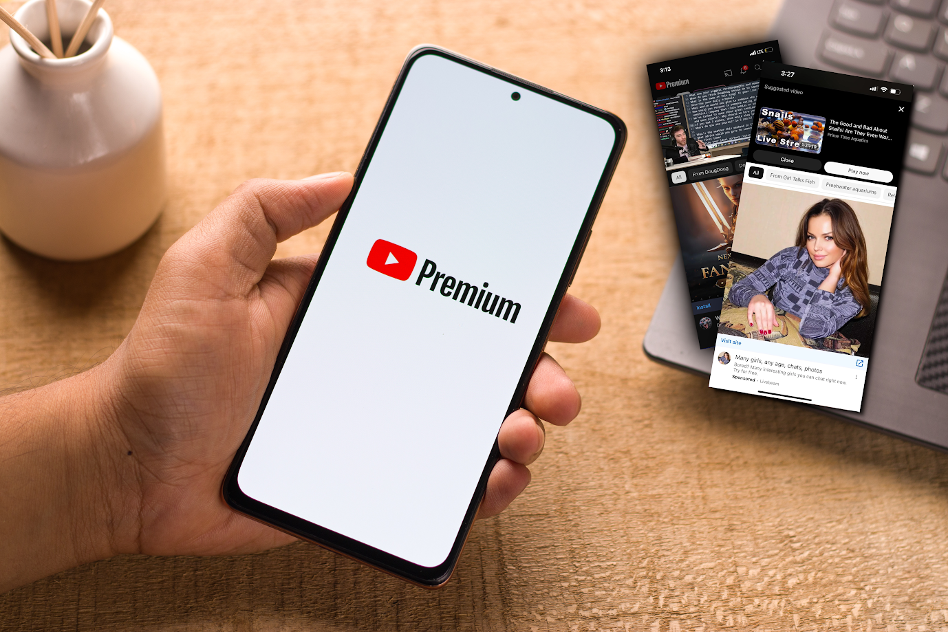 Ręka trzymająca smartfon z logo YouTube Premium na ekranie, w tle laptop z widocznymi kartami przeglądarki.