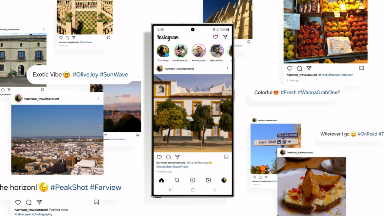 Zrzut ekranu interfejsu aplikacji Instagram z różnymi postami użytkownika podróżującego, przedstawiającymi zdjęcia z podróży, m.in. krajobrazy miejskie, zdrową żywność i lokalne zabytki, z emotikonami i hashtagami w opisach.