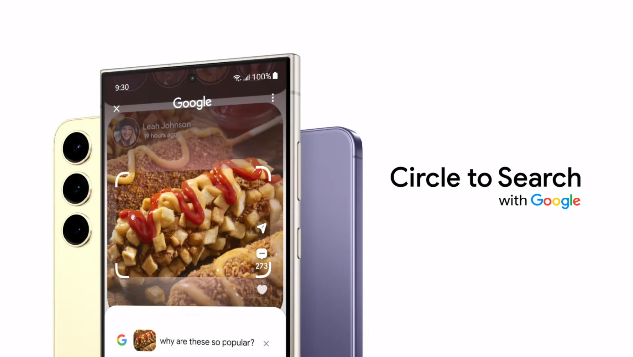 Dwa smartfony w kolorze złotym i fioletowym, jeden z ekranem wyświetlającym aplikację Google z obrazem hot doga i tekstem "why are these so popular?", drugi odwrócony tyłem pokazuje potrójny aparat. Po prawej stronie napis "Circle to Search with Google".