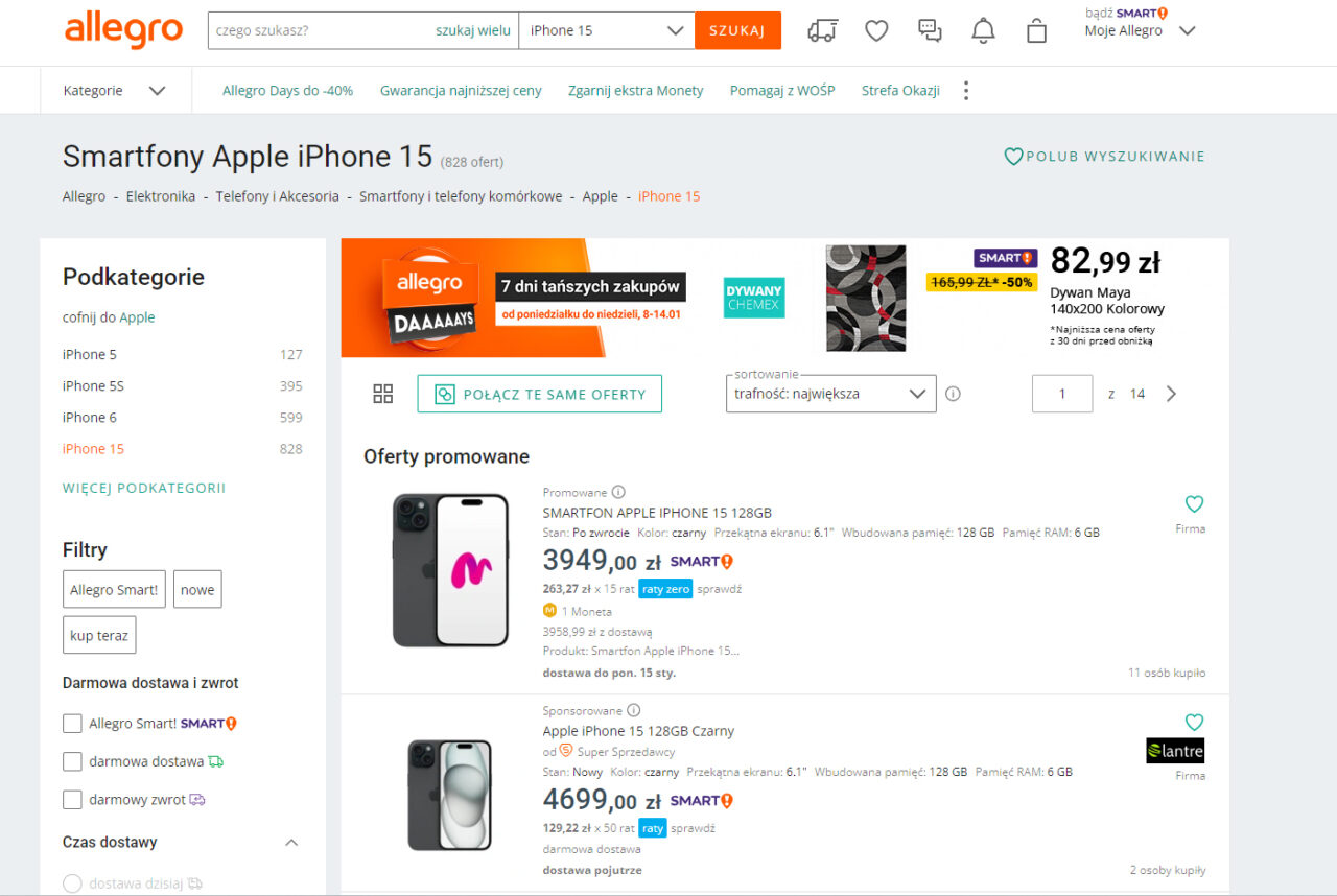 Zrzut ekranu strony na Allegro z ofertami smartfonów Apple iPhone 15, gdzie głównie widać ceny i promocje różnych modeli, filtry kategorii i menu wyszukiwania.