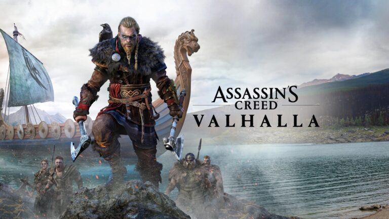 Wiking z brodą w pierwszym planie trzyma topór, w tle widoczni są inni wojownicy i wikingowski statek, a na górze obrazu logo gry "Assassin's Creed Valhalla".