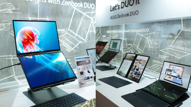 Pokaz produktów ASUS Zenbook Duo z otwartymi laptopami na wystawie, w tle grafiki przedstawiające schematy i hasła promocyjne.