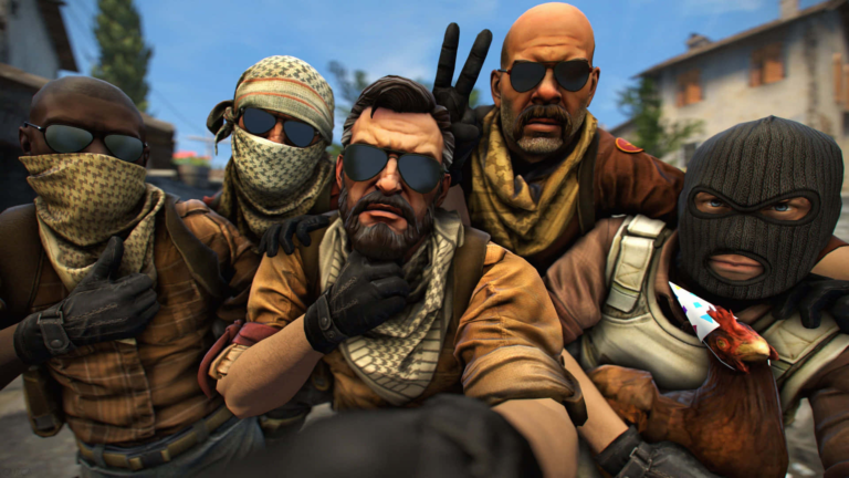 Pięciu postaci z gry komputerowej, ubranych w taktyczny strój i maski, pozujących z gestami ręki.