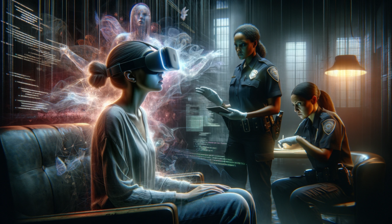 Ilustracja przedstawiająca kobietę w goglach VR, przebywającą w Metaverse z otaczającą ją aurą danych, obok stoi policjantka i siedzi druga notująca na kartce, w tle widać migoczące linie danych.