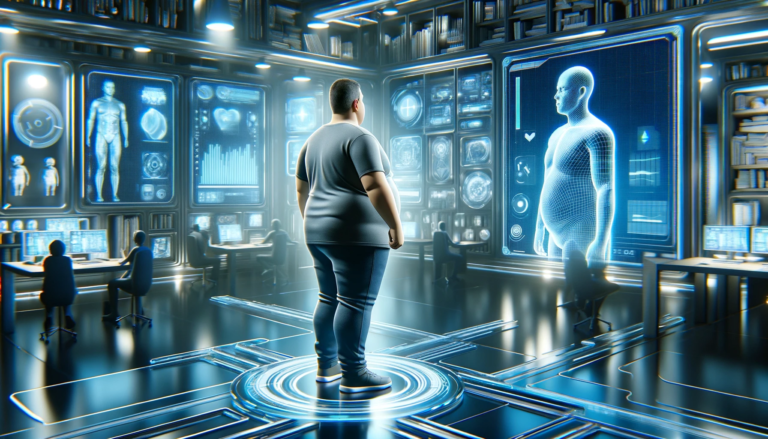 Walka z otyłością. Osoba stoi w futurystycznym pomieszczeniu z wysokimi technologiami, przed dwuwymiarowymi wyświetlaczami pokazującymi sylwetkę człowieka i różne dane biometryczne.