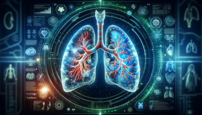Grafika przedstawiająca trójwymiarowy, szczegółowy obraz ludzkich płuc z naczyniami krwionośnymi na tle futurystycznych interfejsów z grafikami medycznymi i danymi diagnostycznymi.