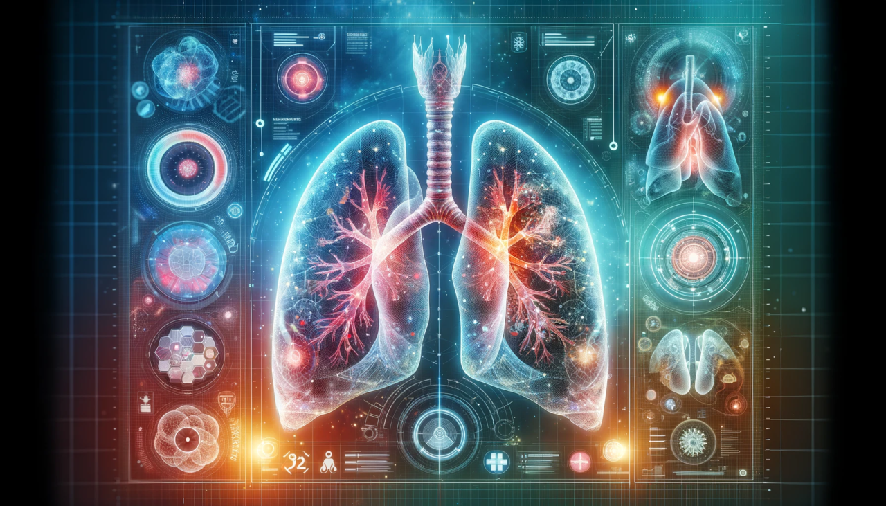 Graficzna reprezentacja ludzkich płuc z konceptem zaawansowanej technologii i analizy danych medycznych, w otoczeniu futurystycznego interfejsu użytkownika z różnymi rodzajami wykresów zdrowotnych i wskaźników.