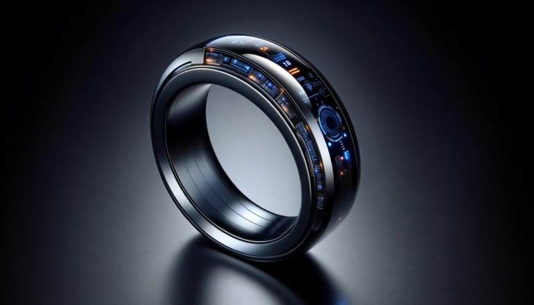 Czarny, futurystyczny pierścień smart ring przypominający koncept Samsung Galaxy Ring z niebieskimi i pomarańczowymi światłami oraz cyfrowymi wyświetlaczami, leżący na gładkiej, ciemnej powierzchni.