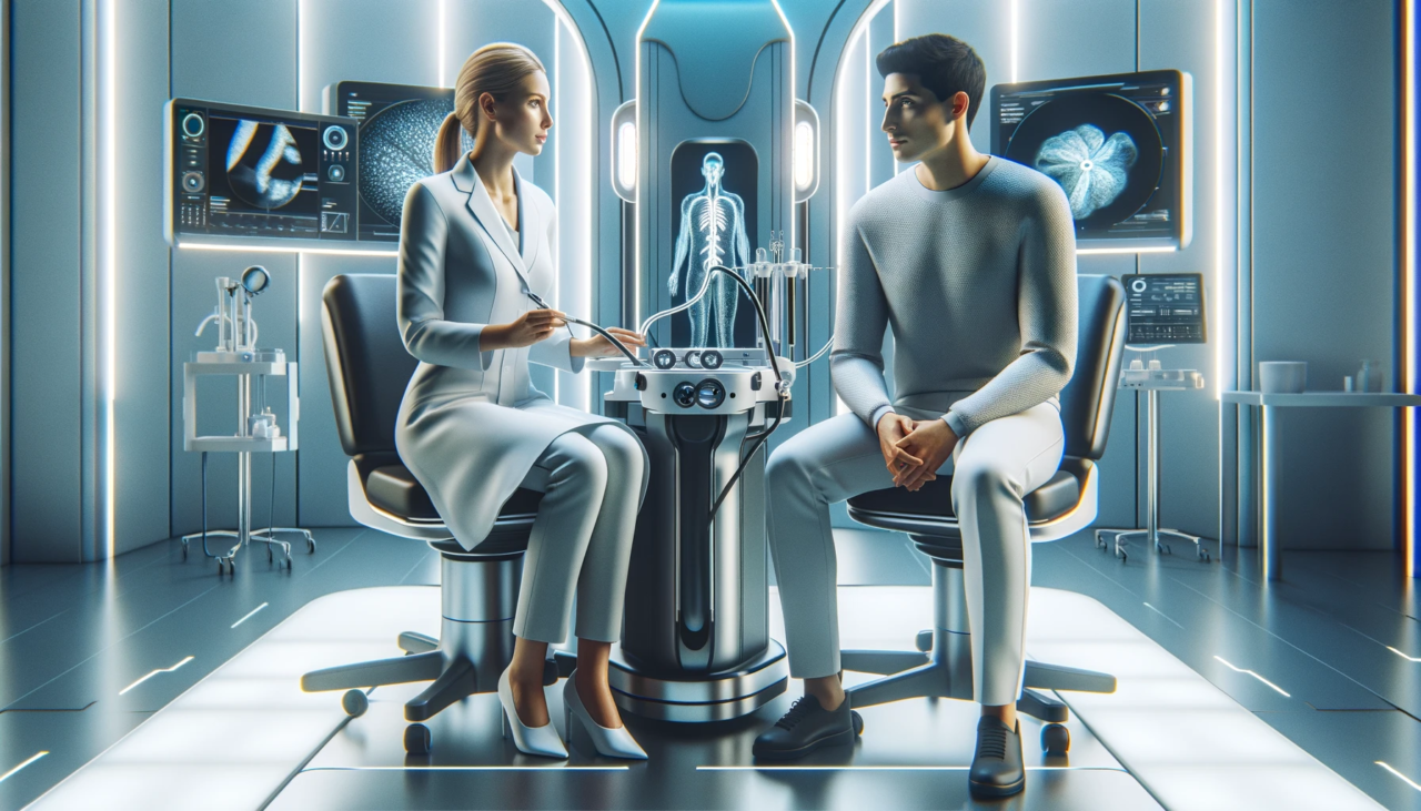 Kobieta w białym garniturze siedzi naprzeciwko mężczyzny w futurystycznym biurze lekarskim, z holograficznym wyświetlaczem ciała człowieka i zaawansowanym sprzętem medycznym w tle. BioCam tworzy kapsułkę endoskopową.