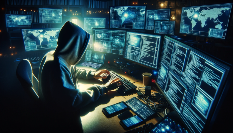 Największy wyciek danych nad którym pracuje Haker w kapturze pracuje przy wielu ekranach z kodem i mapami świata w ciemnym pomieszczeniu. Wiedza na temat tego, jak zabezpieczyć sprzęt przed hakerami może nas uratować podczas ataku ze strony osoby, którą reprezentuje postać z obrazka.