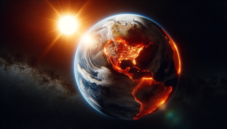 Wyobrażenie graficzne planety Ziemi widziane z kosmosu, z kontynentami Ameryki oznaczonymi jasnymi światłami miejskimi i wschodzącym słońcem w tle.