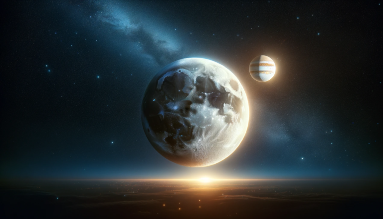 Artystyczna kompozycja przedstawiająca Ziemię i Jowisza na tle kosmicznego nieba z widoczną mgławicą i gwiazdami, nad horyzontem świtającego Słońca.