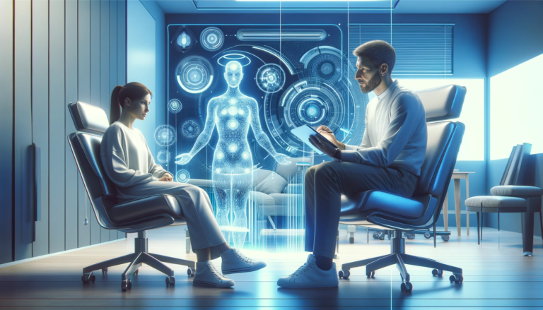 Dwie osoby w futurystycznym gabinecie medycznym z hologramem ludzkiego ciała wiszącym w powietrzu pomiędzy nimi.