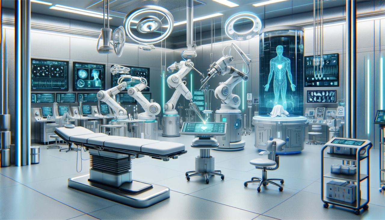 Robotyzacja medycyny. Zaawansowana sala operacyjna z robotycznymi ramionami chirurgicznymi, wyświetlaczami z danymi medycznymi, holograficznym obrazem ludzkiego ciała i leżanką operacyjną.