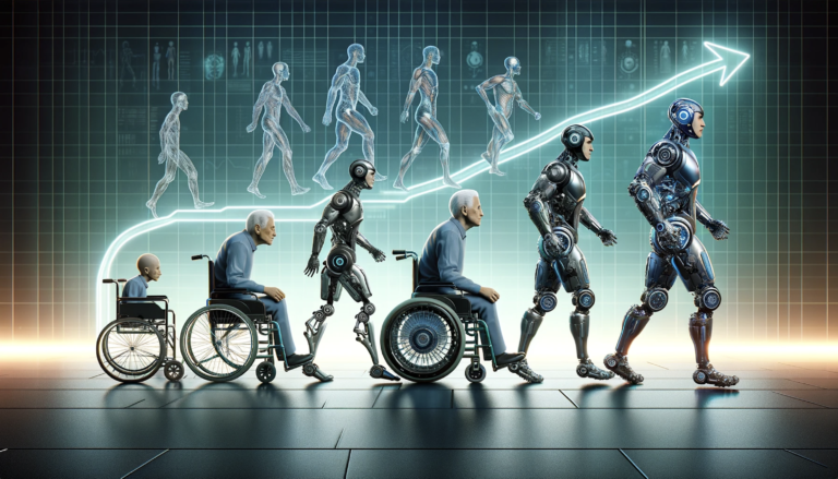 Opis obrazu: Sekwencja ewolucji od osoby na wózku inwalidzkim, przez sylwetki ludzi, do zaawansowanych robotów, na tle grafik przedstawiających osiągi technologiczne i wzrost symbolizowany białą strzałką skierowaną w górę. Egzoszkielet przyszłością medycyny.