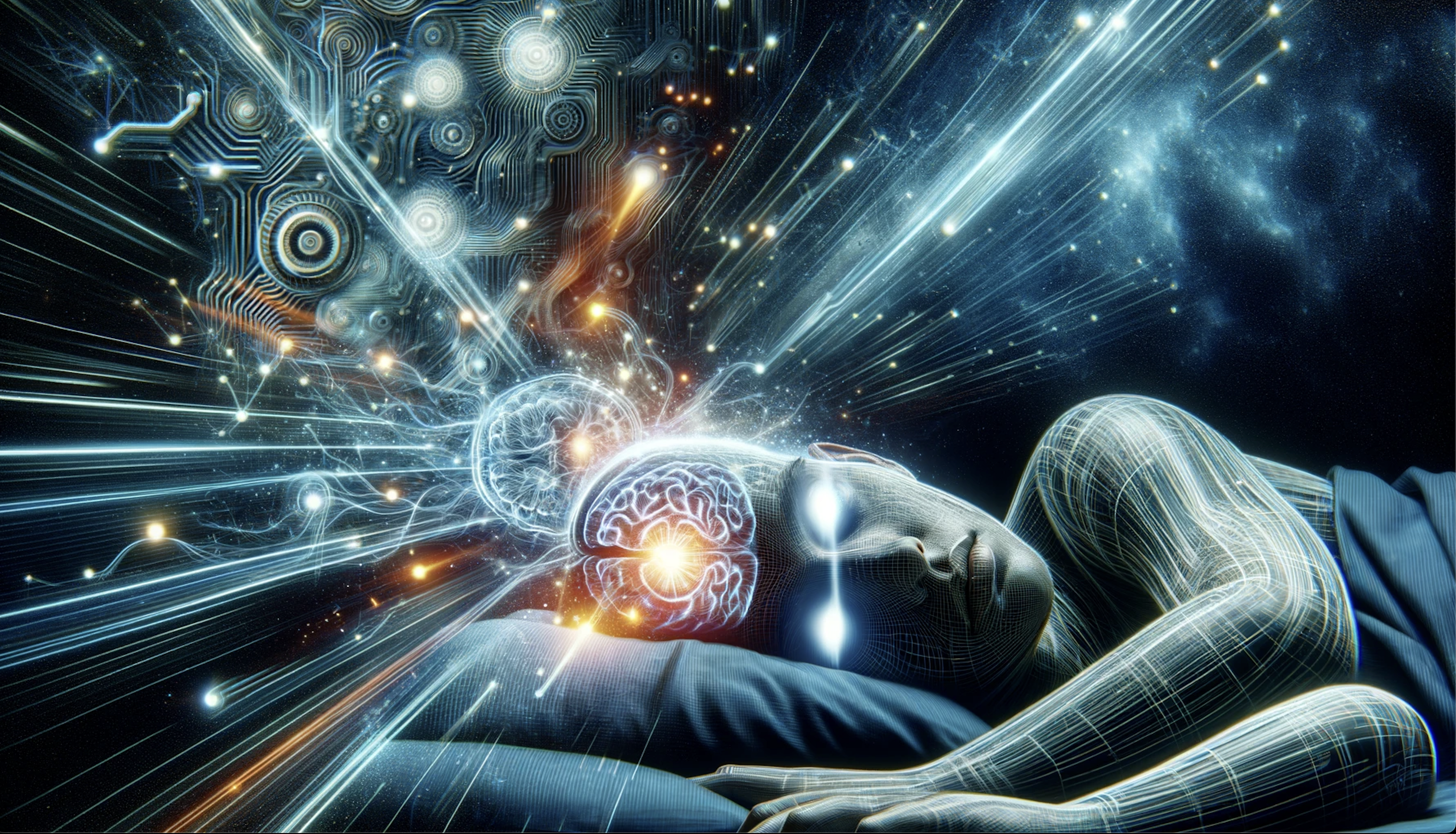 Cyfrowy obraz przedstawiający sylwetkę leżącej osoby z połączeniem wzorów przypominających układy elektroniczne i jasnych świetlistych strumieni wydobywających się z głowy postaci w kierunku kosmicznego tła.