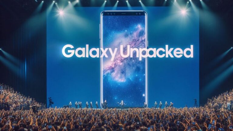 Wydarzenie prezentacyjne Galaxy Unpacked z dużym smartfonem na scenie i tłumem rozentuzjazmowanych uczestników.