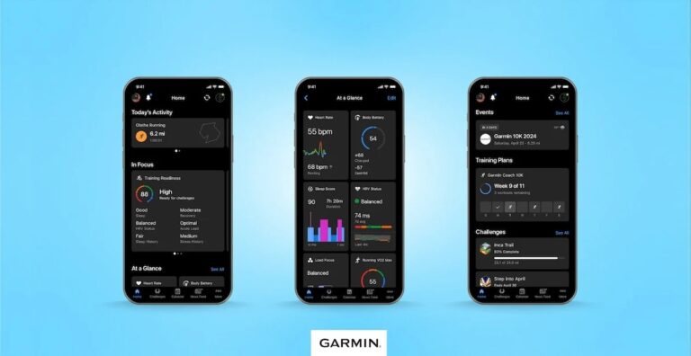 Trzy smartfony z aplikacją fitness Garmin wyświetlającą różne metryki zdrowotne i aktywności sportowe na każdym z ekranów, na niebieskim tle z logo Garmin u dołu.