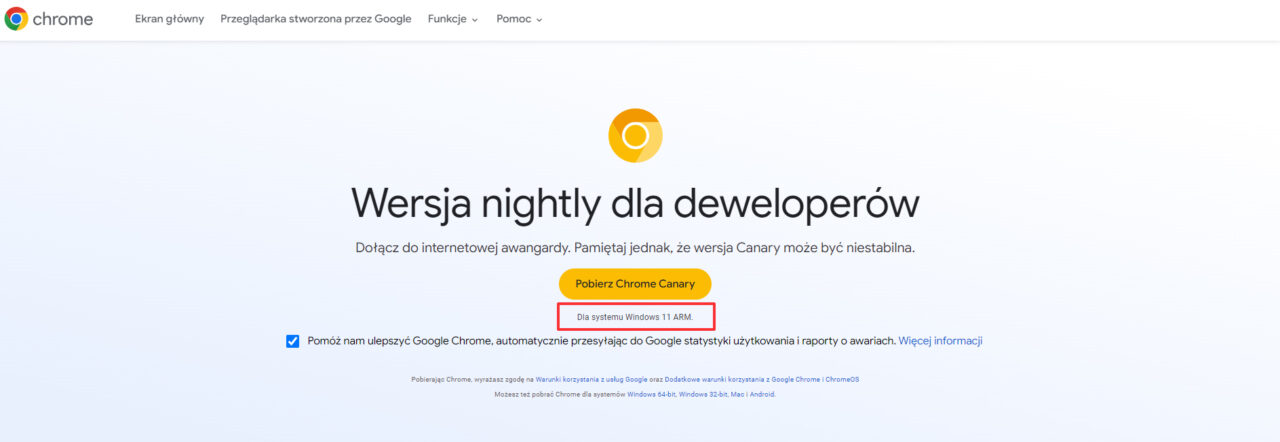Strona internetowa Google Chrome Canary z napisem "Wersja nightly dla deweloperów" i opcją do pobrania oznaczoną dla systemu Windows 11 ARM.