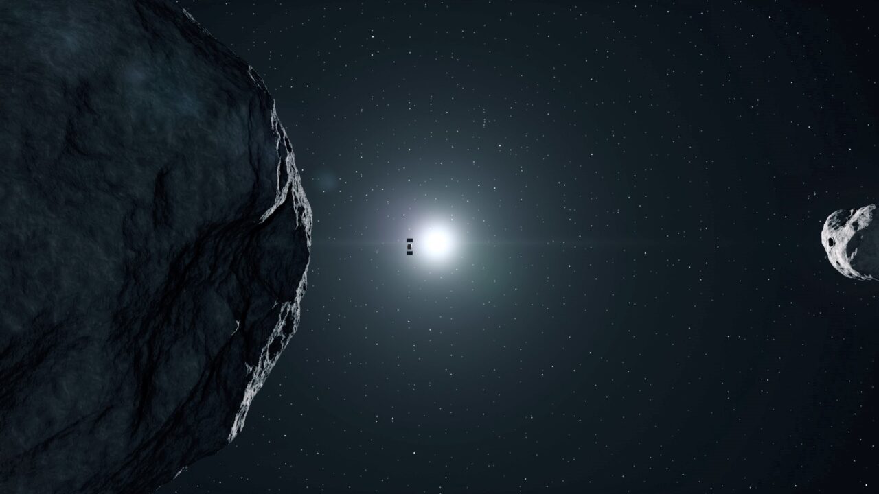 Sonda kosmiczna Hera lecąca między dwoma asteroidami w głębokiej przestrzeni kosmicznej na tle gwiaździstego nieba i jasnego światła. Misje kosmiczne ESA sięgają tak daleko