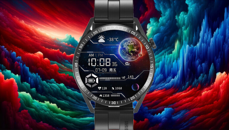 Tani Smartwatch TRACER SM6 OPAL z cyfrowym wyświetlaczem prezentujący czas, datę, temperaturę oraz różne wskaźniki zdrowotne, umieszczony centralnie na tle kolorowego, abstrakcyjnego obrazu przypominającego chmury.