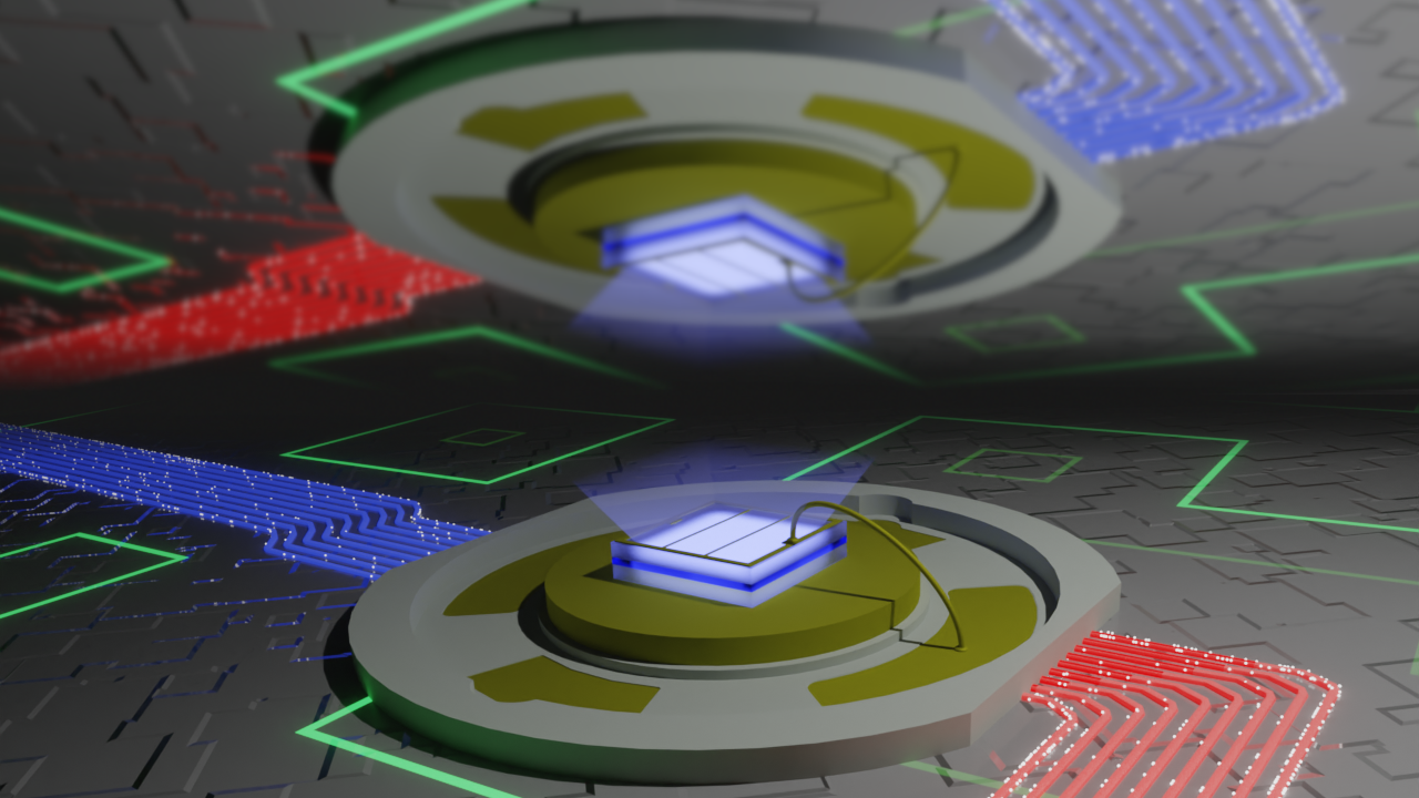 Grafika przedstawiająca LED na prąd przemienny z wirującymi hologramami i przepływającymi strumieniami danych w kolorach czerwonym, niebieskim i zielonym na tle w kształcie płytki drukowanej.