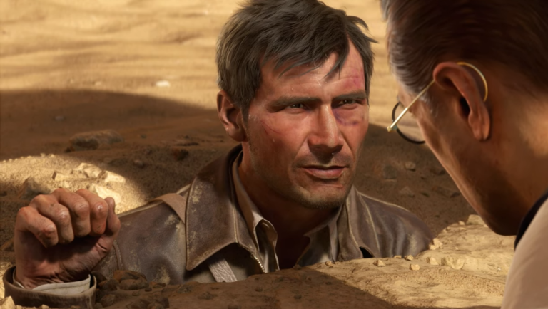 Kadr z gry Indiana Jones i Wielki Krąg. Mężczyzna z zadrapaniami na twarzy leżący na ziemi, patrzy na osobę poza kadrem z zaniepokojeniem i determinacją.