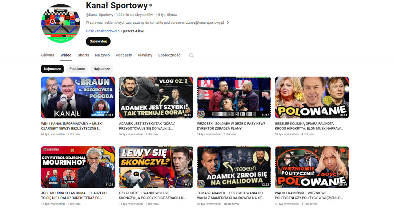 Strona główna Kanału Sportowego  na YouTube o tematyce sportowej z miniaturkami filmów zawierającymi wizerunki osób publicznych, teksty i grafiki.