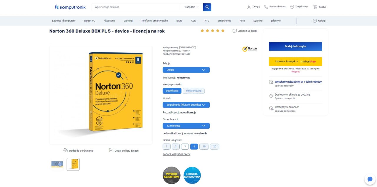 Antywirus Norton 360 Deluxe. Strona internetowa sklepu Komputronik z widocznym produktem Norton 360 Deluxe BOX PL na pięć urządzeń z licencją na rok oraz opcjami zakupu i szczegółami produktu.