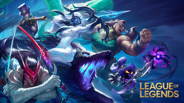 Grafika do gry League of Legends przedstawiająca dynamiczną scenę z różnymi postaciami bohaterów w akcji, w intensywnych kolorach niebieskiego i fioletu.