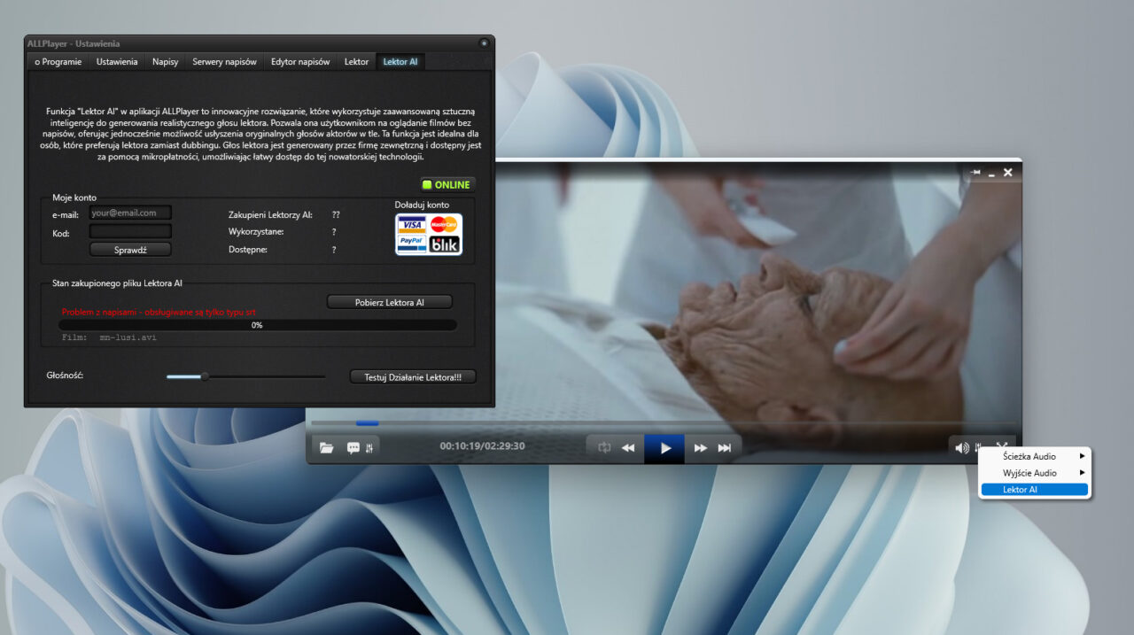Zrzut ekranu programu ALLPlayer z otwartym oknem ustawień i włączonym filmem w tle, na którym ręka młodszej osoby trzyma dłoń starszej osoby leżącej na łóżku.