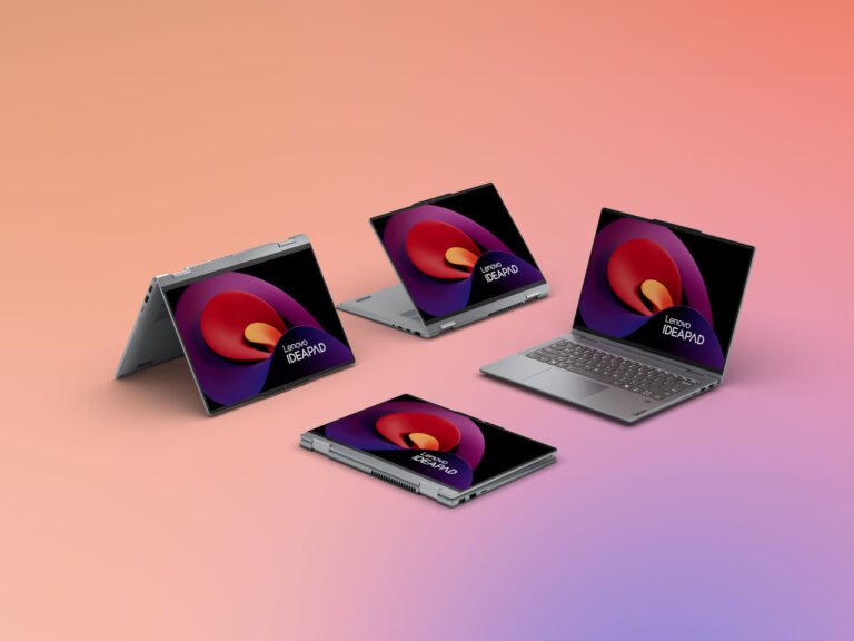 Cztery laptopy Lenovo IdeaPad w różnych konfiguracjach na dwukolorowym pomarańczowo-fioletowym tle.