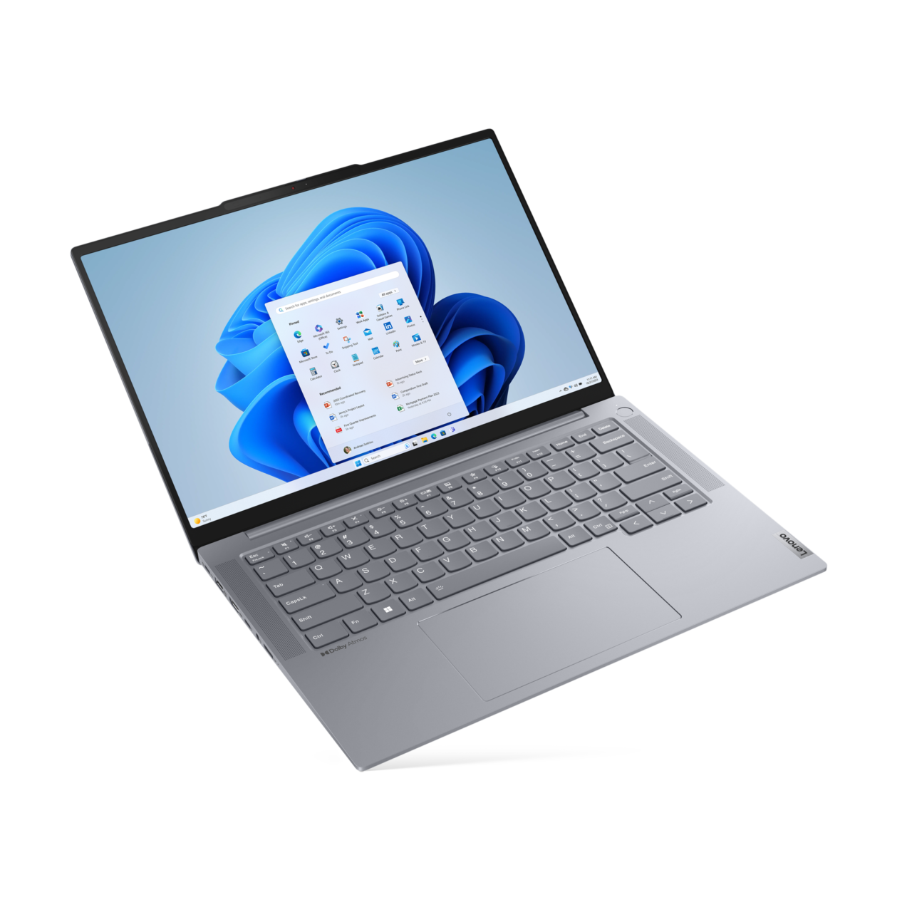 Srebrny laptop Lenovo ThinkBook z wyświetlonym ekranem startowym systemu Windows 11.