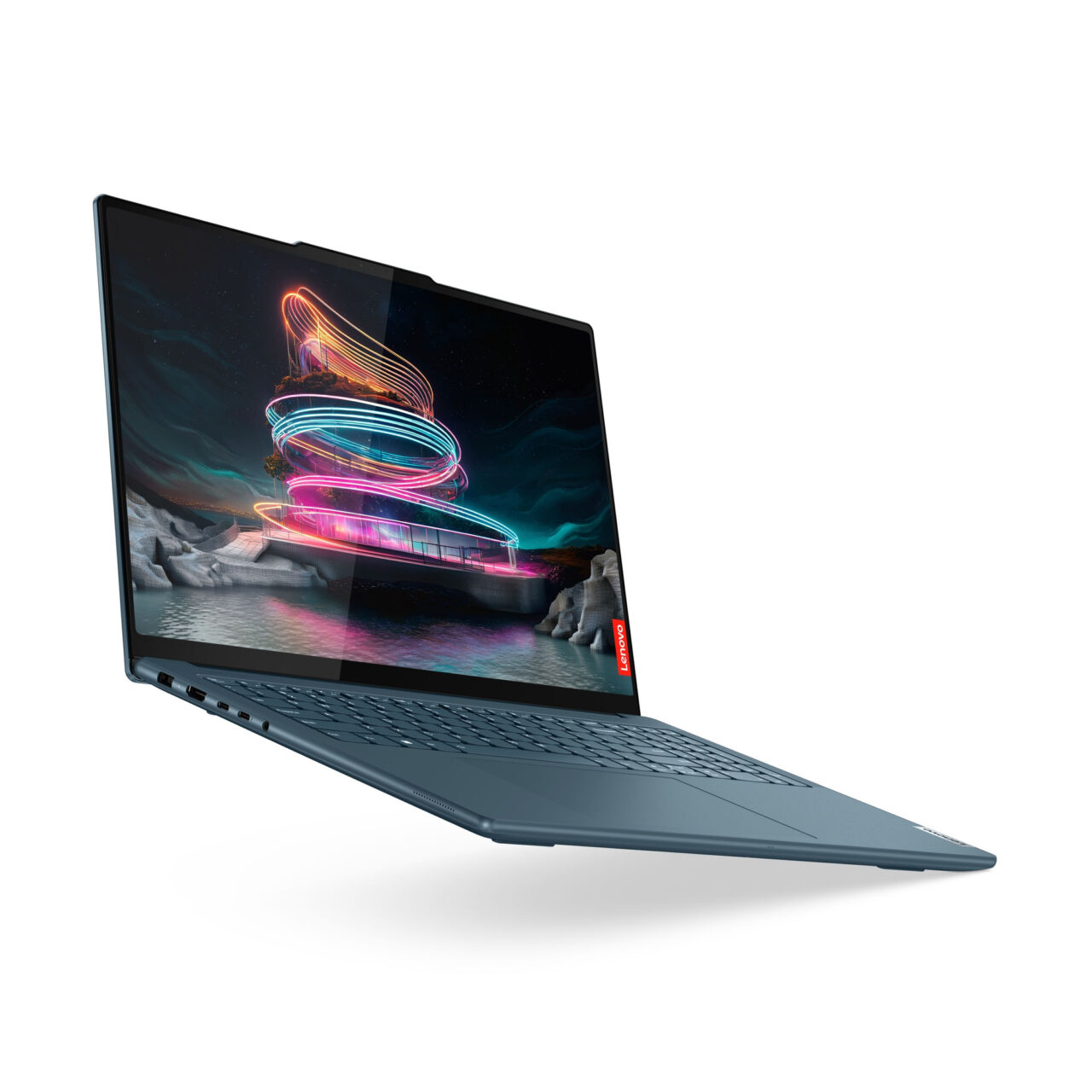 Laptop Lenovo Yoga Pro 9i z otwartą klapą przedstawiający kolorową grafikę na ekranie, ustawiony na białym tle.