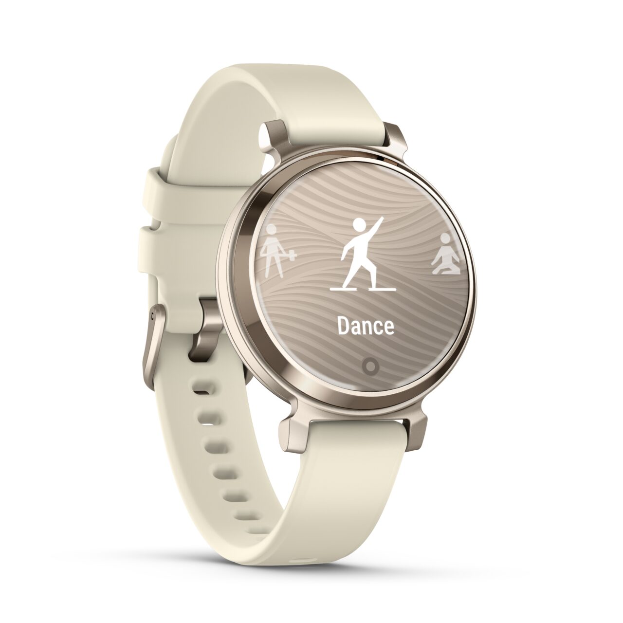 Inteligentny zegarek sportowy w kolorze beżowym z ekranem pokazującym ikony tańczących osób i napis "Dance".