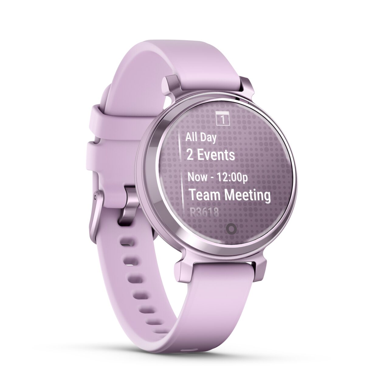Fioletowy inteligentny zegarek z wyświetlaczem pokazującym dwa zdarzenia, w tym spotkanie zespołowe o godzinie 12:00.