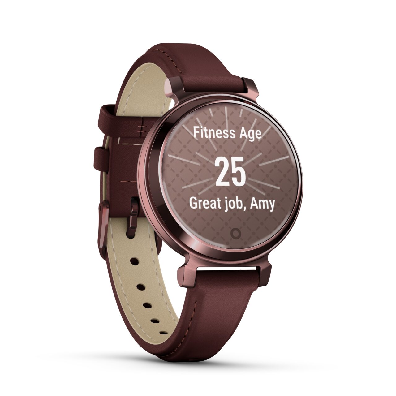 Inteligentny zegarek z brązowym paskiem wyświetlający wiek fitness, który wynosi 25 lat, oraz gratulacje dla użytkownika o imieniu Amy.