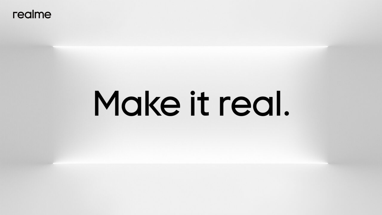 Grafika reklamowa z logo "realme" w lewym górnym rogu i hasłem "Make it real." na środku, na białym tle z oświetleniem LED na górze i dole.