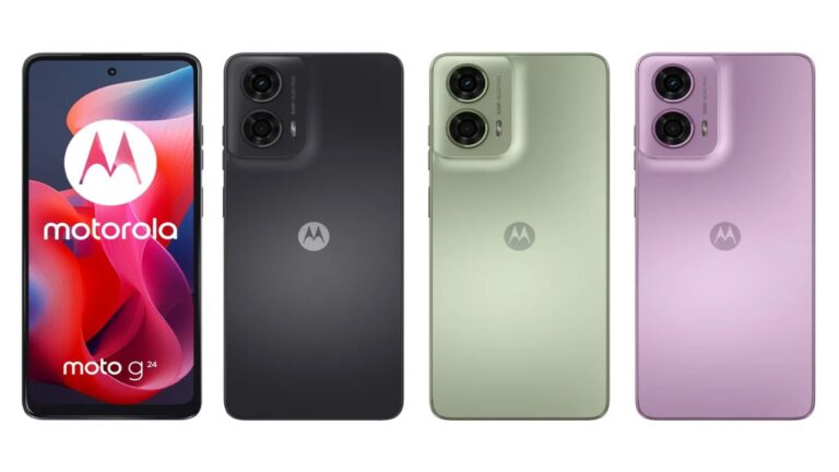 Cztery smartfony Motorola moto g24 w różnych kolorach wyświetlające ekran startowy z logo firmy, widok z przodu i tyłu.