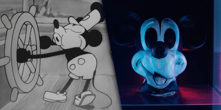 Dwa obrazy przedstawiające postać Myszki Miki; po lewej stronie klasyczna czarno-biała animacja z Myszką Miki za sterem łodzi, po prawej stronie współczesna rzeźba z dużymi, wyrazistymi oczami i dynamicznym oświetleniem.